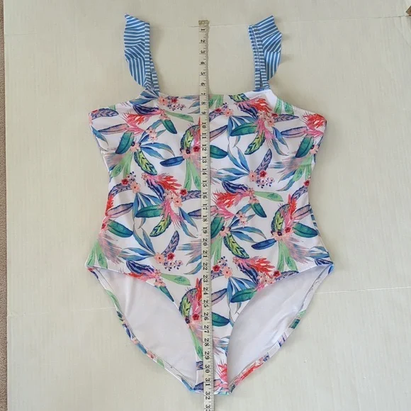 Oasis Ruffle Tropical Floral One Piece Swimsuit XXL Blue White - Picture 15 of 16